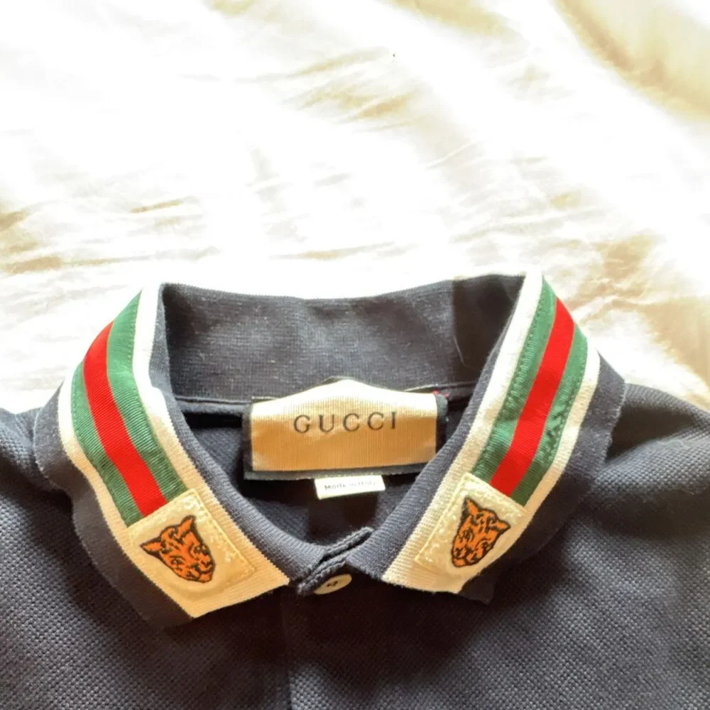 Gucci Men's Navy Cotton Short Sleeve Polo Web Stripe Tiger Collar Logo M